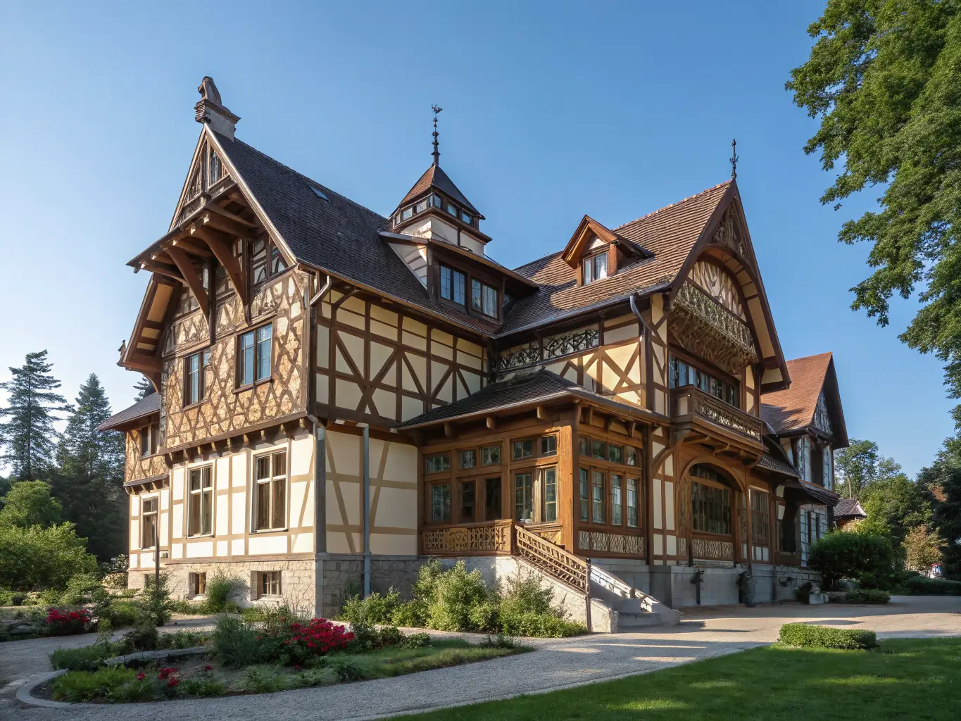 A beautifully crafted wooden house exterior with intricate detailing, showcasing Terawood's expertise in custom wooden home construction.