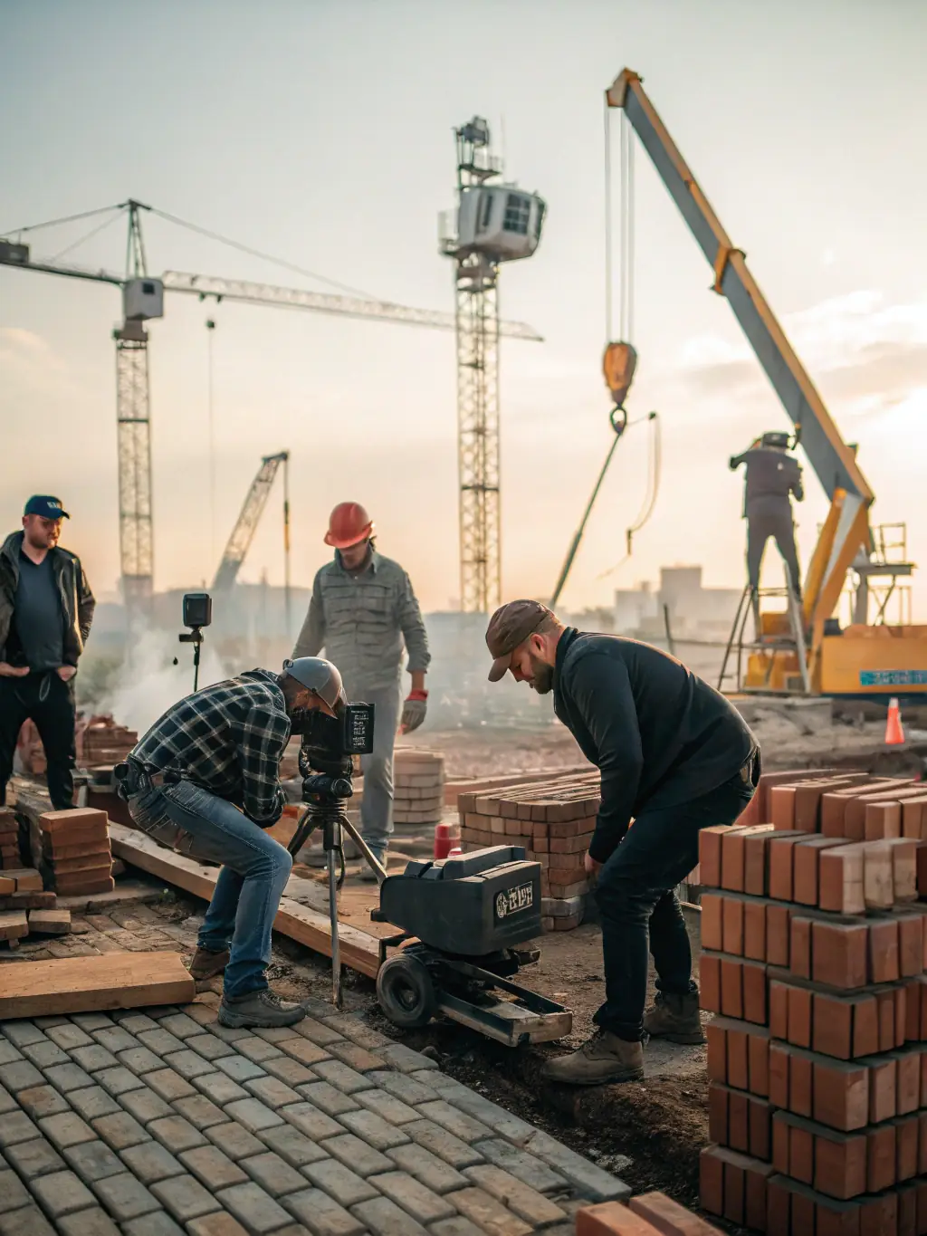 A team of construction workers actively working on a building site with cranes and scaffolding.