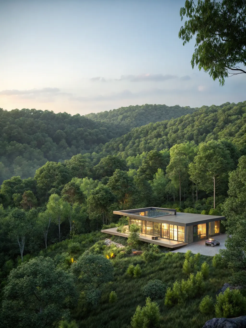 A beautifully crafted wooden house with a lush green yard, showcasing the natural beauty of wood construction.