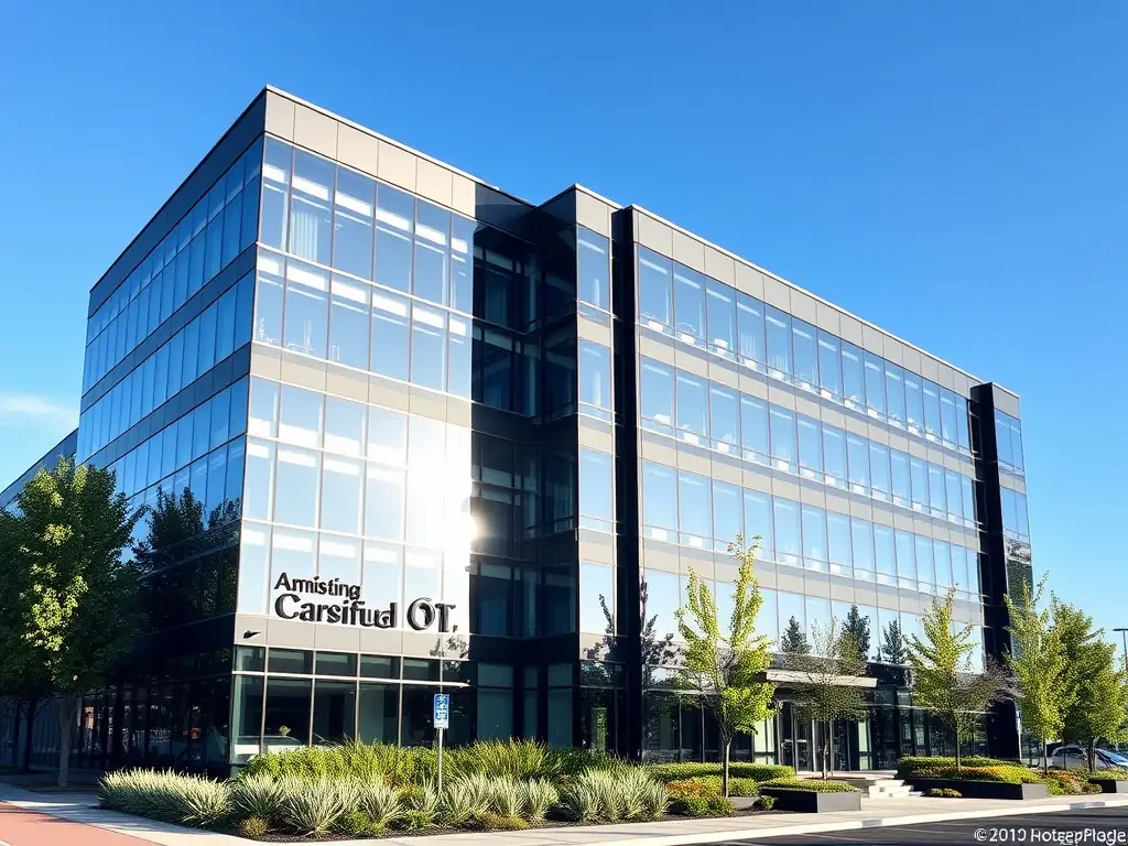 A modern office building constructed with a combination of wood and steel, emphasizing sustainability and innovative design.