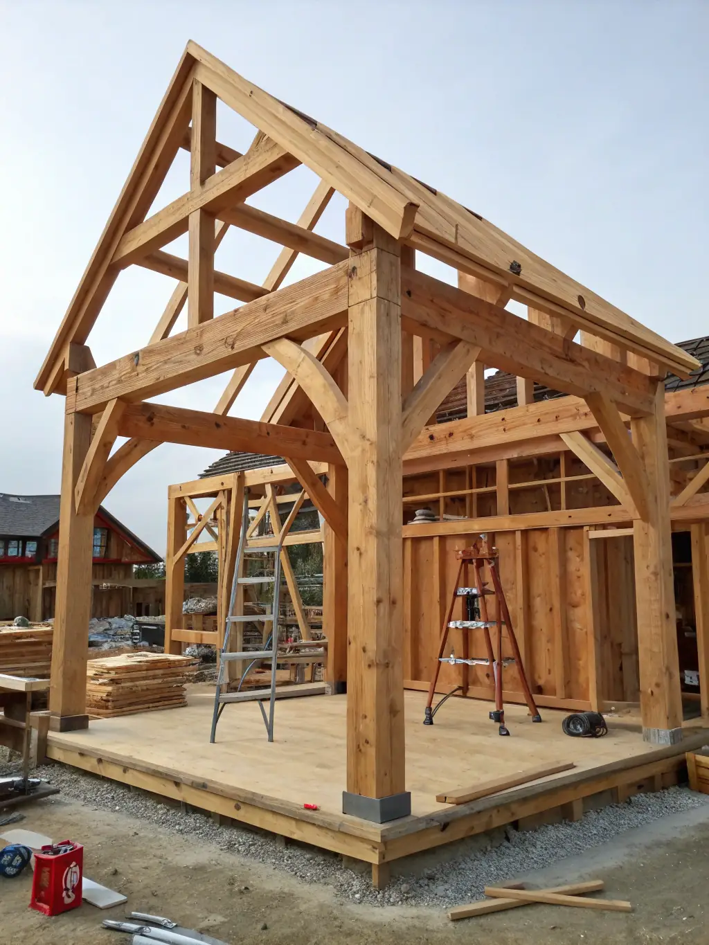 A modern house under construction, highlighting the framing and structural elements.
